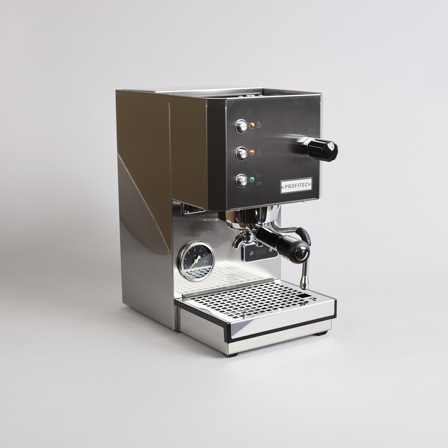 Silberne Kaffeemaschine von Profitec Go 100 von der Seite